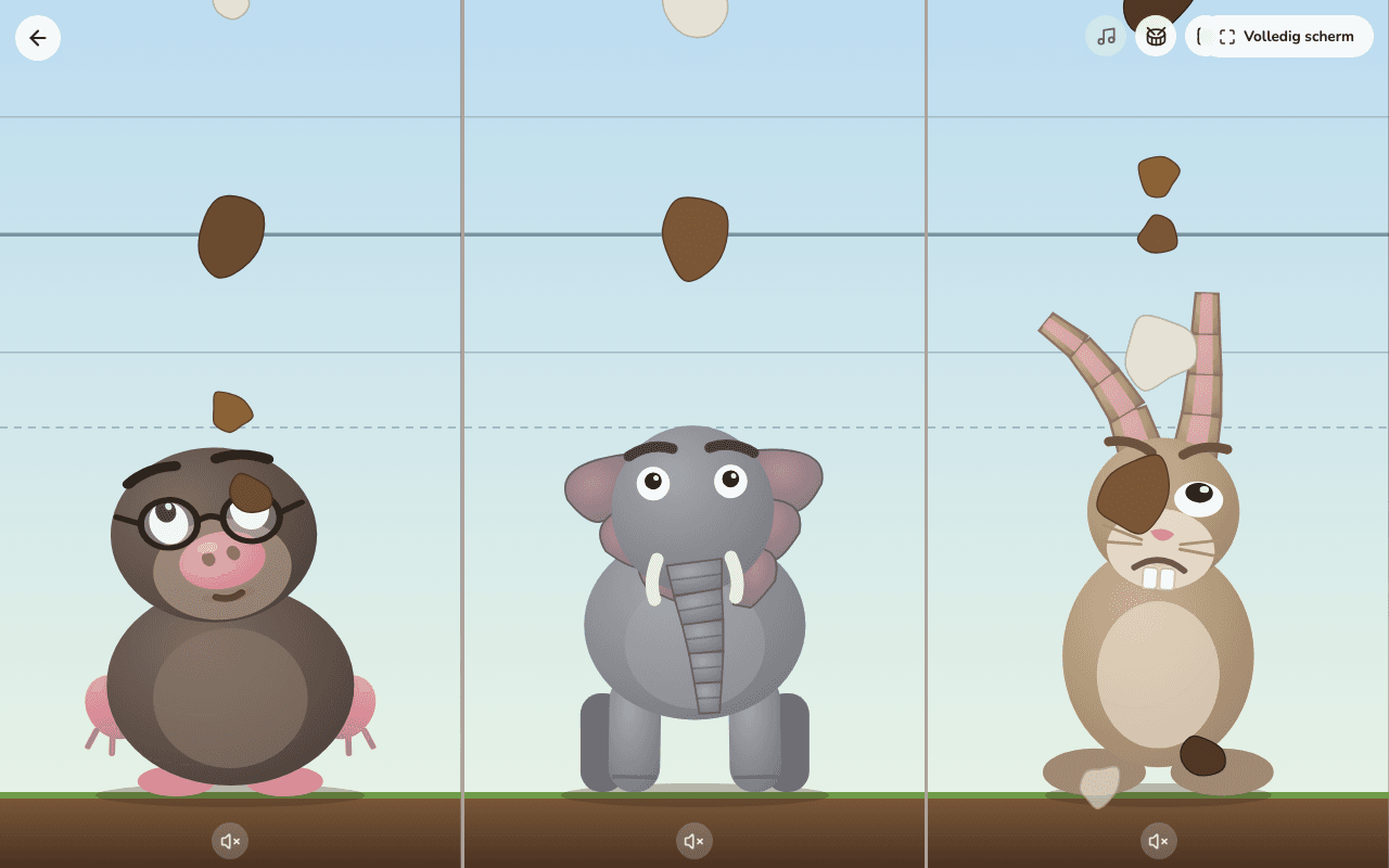 Drie kolommen naast elkaar met een mol, een olifant en een haas. Boven hun hoofden vallen bruine poepjes in verschillende formaten langs horizontale tellijnen naar beneden.